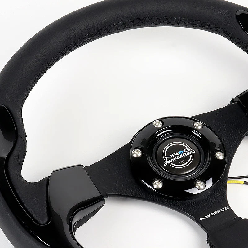 NRG 13" 320mm 6-Bolt Hole Reinforced Black Leather Grip With Aluminum Finished 3-Spoke Black Center Racing Steering Wheel RST-001BK -Black Trim - Image 3