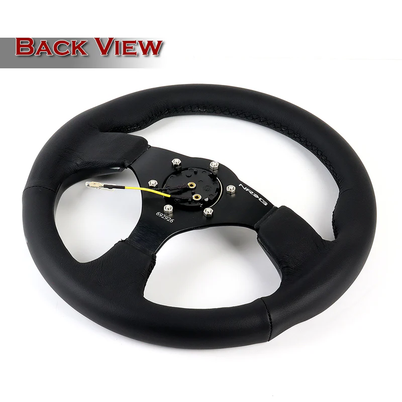 NRG 13" 320mm 6-Bolt Hole Reinforced Black Leather Grip With Aluminum Finished 3-Spoke Black Center Racing Steering Wheel RST-001BK -Black Trim - Image 4