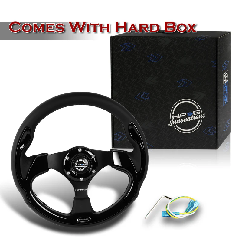 NRG 13" 320mm 6-Bolt Hole Reinforced Black Leather Grip With Aluminum Finished 3-Spoke Black Center Racing Steering Wheel RST-001BK -Black Trim - Image 5