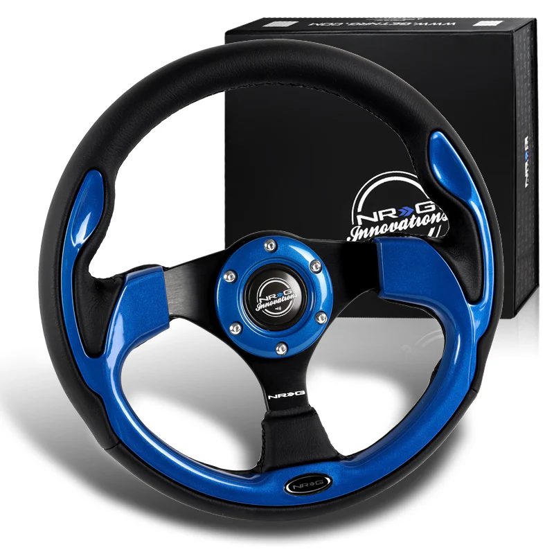 NRG 13" 320mm 6-Bolt Hole Reinforced Black Leather Grip With Aluminum Finished 3-Spoke Black Center Racing Steering Wheel RST-001BK -Blue Trim - Image 2
