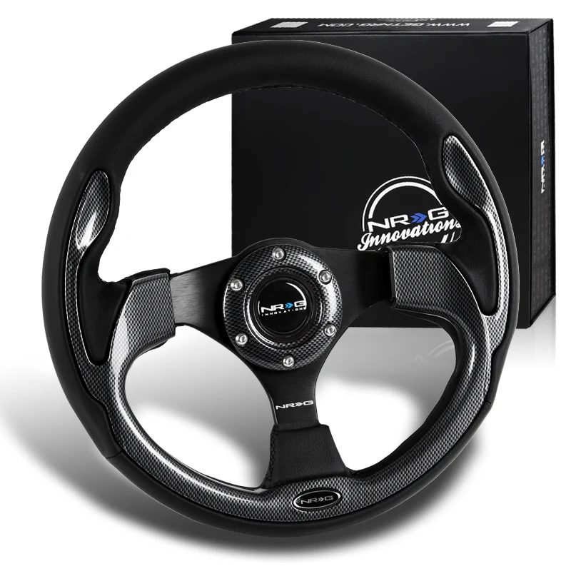 NRG 13" 320mm 6-Bolt Hole Reinforced Black Leather Grip With Aluminum Finished 3-Spoke Black Center Racing Steering Wheel RST-001BK -Carbon Style Trim - Image 2