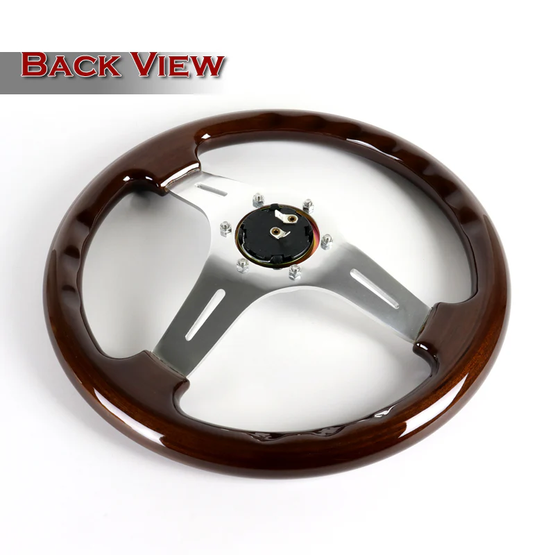 NRG 13" 330mm 6-Bolt Hole Classic Dark Wood Grain Grip Aluminum Finished 3-Spoke Steering Wheel ST-015-1CH -Silver Spoke - Image 4