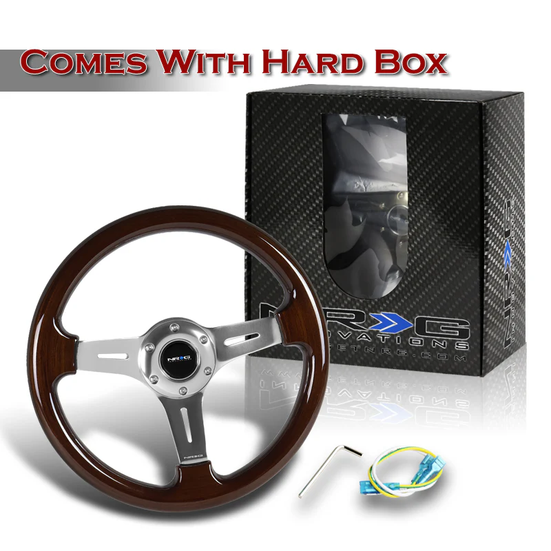 NRG 13" 330mm 6-Bolt Hole Classic Dark Wood Grain Grip Aluminum Finished 3-Spoke Steering Wheel ST-015-1CH -Silver Spoke - Image 5