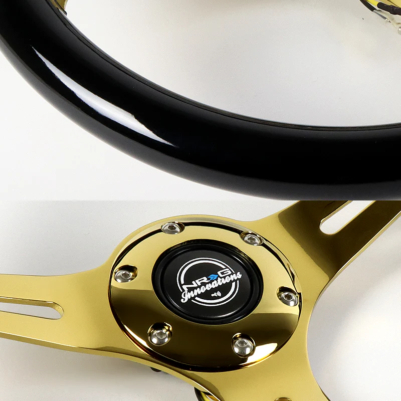 NRG 13.75" 350mm 6-Bolt Hole Black Classic Wood Grip Aluminum Finished 3-Spoke Steering Wheel ST-015CG-BK -Chrome Gold Spoke - Image 3