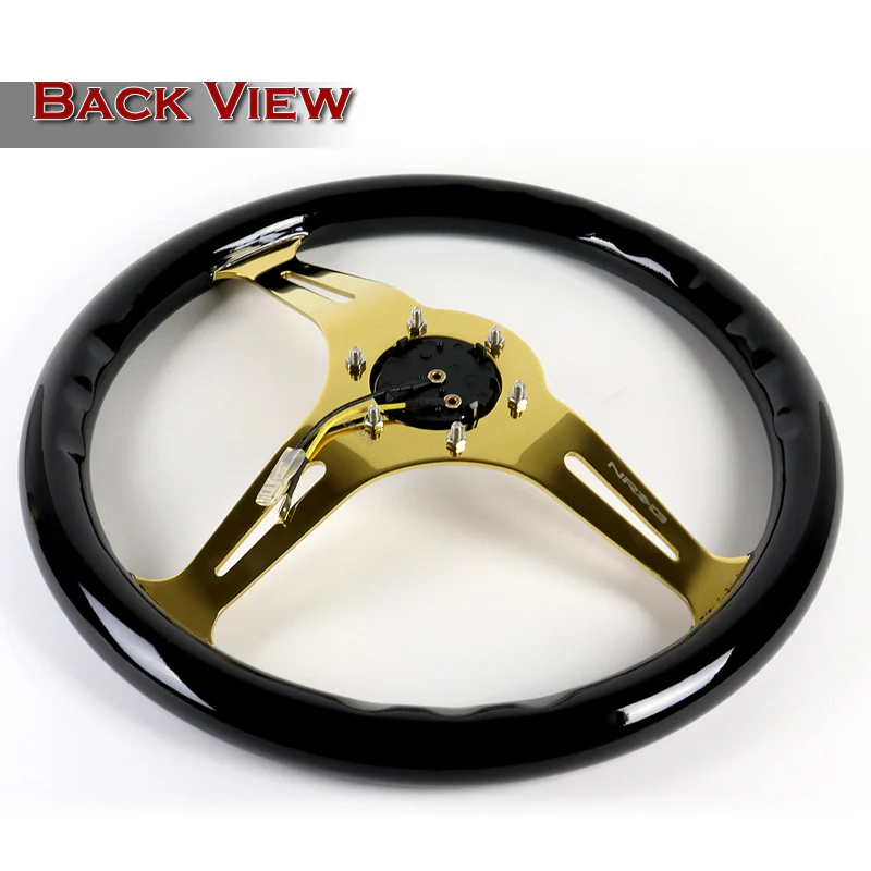 NRG 13.75" 350mm 6-Bolt Hole Black Classic Wood Grip Aluminum Finished 3-Spoke Steering Wheel ST-015CG-BK -Chrome Gold Spoke - Image 4