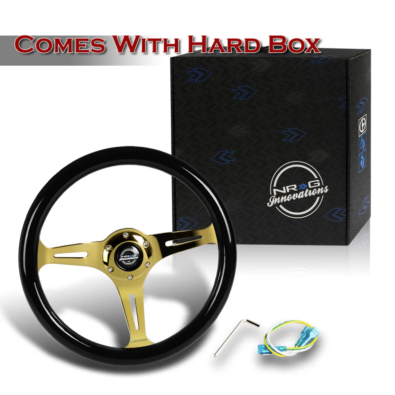 NRG 13.75" 350mm 6-Bolt Hole Black Classic Wood Grip Aluminum Finished 3-Spoke Steering Wheel ST-015CG-BK -Chrome Gold Spoke - Image 5