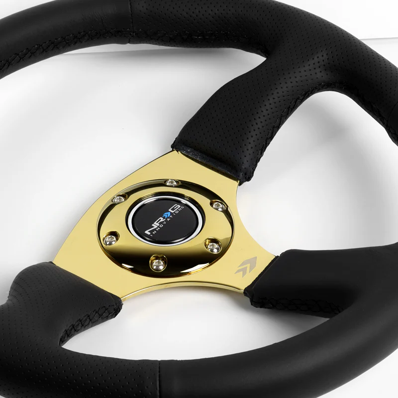 NRG 13.75" 350mm 6-Bolt Hole Black Leather Grip With Aluminum Finished 3-Spoke 3 Inch Deep Dish Steering Wheel RST-023GD-R -Gold Spoke - Image 3