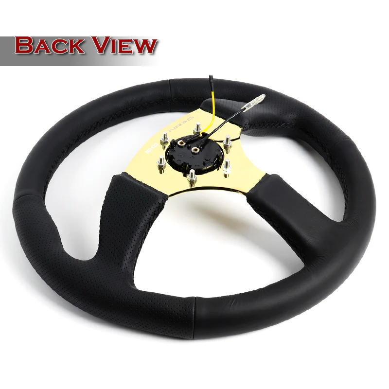 NRG 13.75" 350mm 6-Bolt Hole Black Leather Grip With Aluminum Finished 3-Spoke 3 Inch Deep Dish Steering Wheel RST-023GD-R -Gold Spoke - Image 4