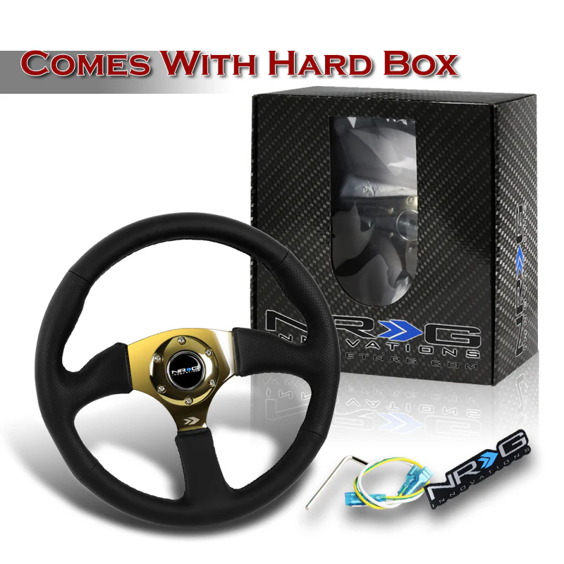 NRG 13.75" 350mm 6-Bolt Hole Black Leather Grip With Aluminum Finished 3-Spoke 3 Inch Deep Dish Steering Wheel RST-023GD-R -Gold Spoke - Image 5