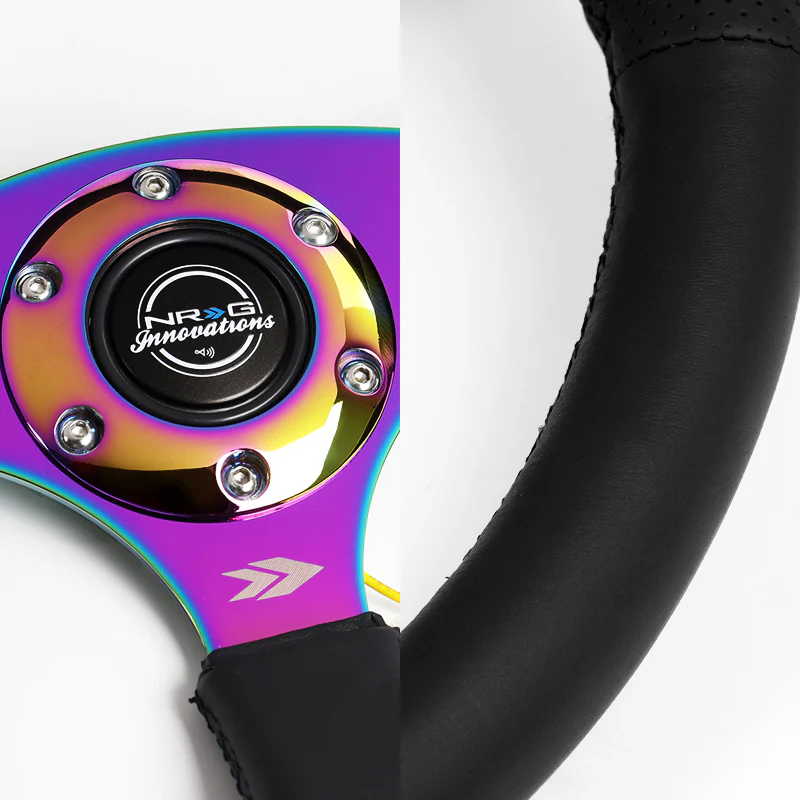 NRG 14" 350mm 6-Bolt Hole Black Leather Grip With Aluminum Finished 3-Spoke 3 Inch Deep Dish Steering Wheel RST-023MC-R -Neo Chrome Spoke - Image 3