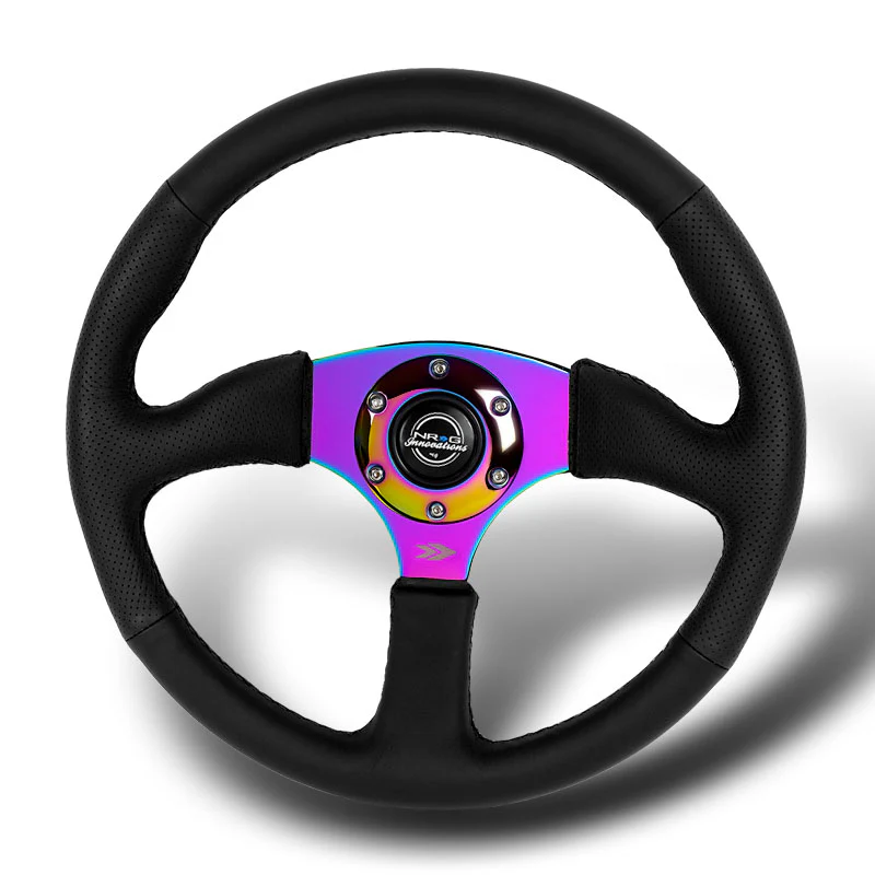 NRG 14" 350mm 6-Bolt Hole Black Leather Grip With Aluminum Finished 3-Spoke 3 Inch Deep Dish Steering Wheel RST-023MC-R -Neo Chrome Spoke - Image 4
