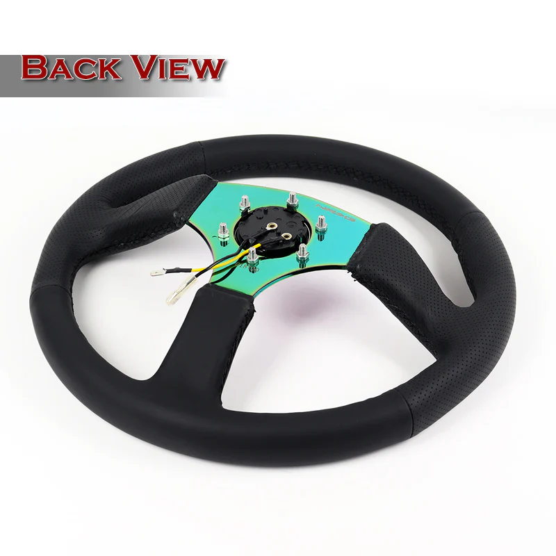 NRG 14" 350mm 6-Bolt Hole Black Leather Grip With Aluminum Finished 3-Spoke 3 Inch Deep Dish Steering Wheel RST-023MC-R -Neo Chrome Spoke - Image 5