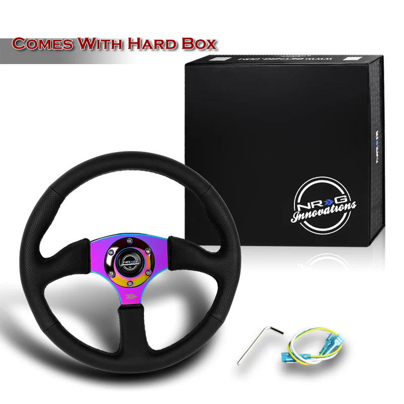 NRG 14" 350mm 6-Bolt Hole Black Leather Grip With Aluminum Finished 3-Spoke 3 Inch Deep Dish Steering Wheel RST-023MC-R -Neo Chrome Spoke - Image 6