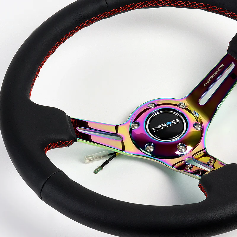 NRG 13.75" 350mm 6-Bolt Hole Black Leather Red Stitch Grip With Aluminum Finished 3-Spoke 3 Inch Deep Dish Steering Wheel RST-018R-MCRS-Neo Chrome Spoke - Image 3