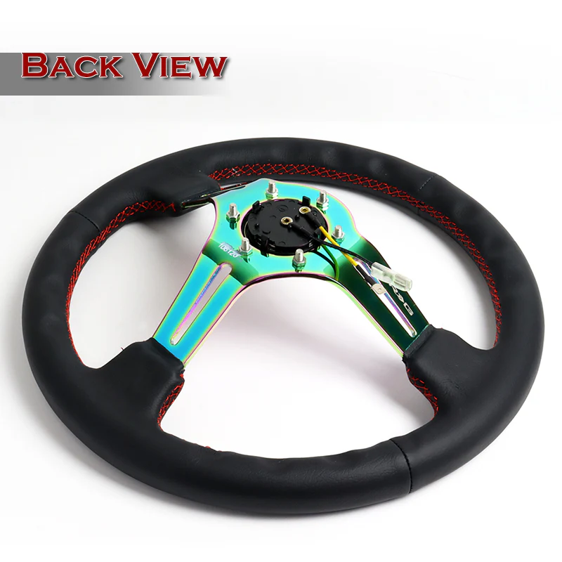 NRG 13.75" 350mm 6-Bolt Hole Black Leather Red Stitch Grip With Aluminum Finished 3-Spoke 3 Inch Deep Dish Steering Wheel RST-018R-MCRS-Neo Chrome Spoke - Image 4