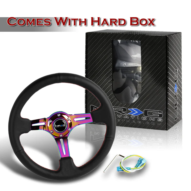 NRG 13.75" 350mm 6-Bolt Hole Black Leather Red Stitch Grip With Aluminum Finished 3-Spoke 3 Inch Deep Dish Steering Wheel RST-018R-MCRS-Neo Chrome Spoke - Image 5