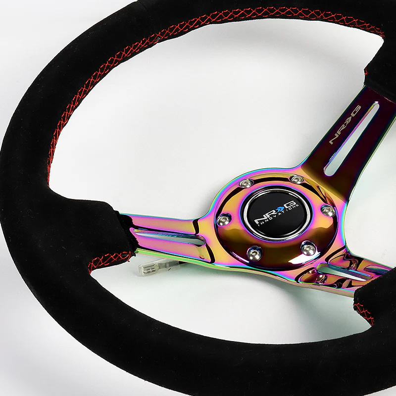 NRG 13.75" 350mm 6-Bolt Hole Black Suede Red Stitch Grip With Aluminum Finished 3-Spoke 3 Inch Deep Dish Steering Wheel RST-018S-MCRS-Neo Chrome Spoke - Image 3