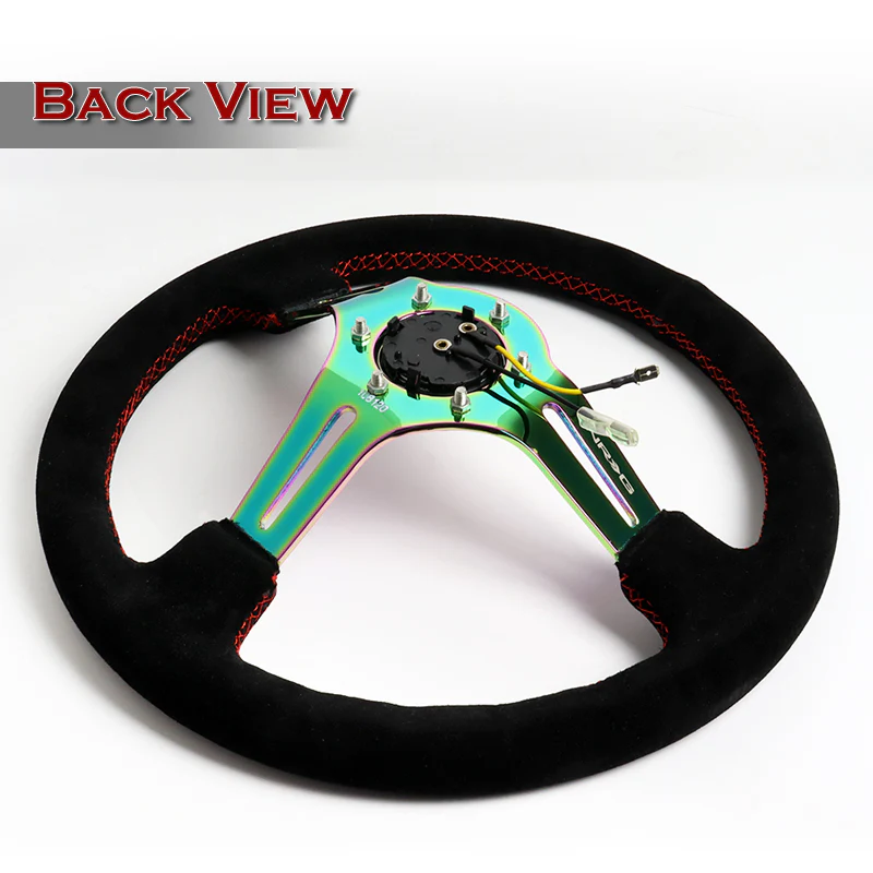 NRG 13.75" 350mm 6-Bolt Hole Black Suede Red Stitch Grip With Aluminum Finished 3-Spoke 3 Inch Deep Dish Steering Wheel RST-018S-MCRS-Neo Chrome Spoke - Image 4