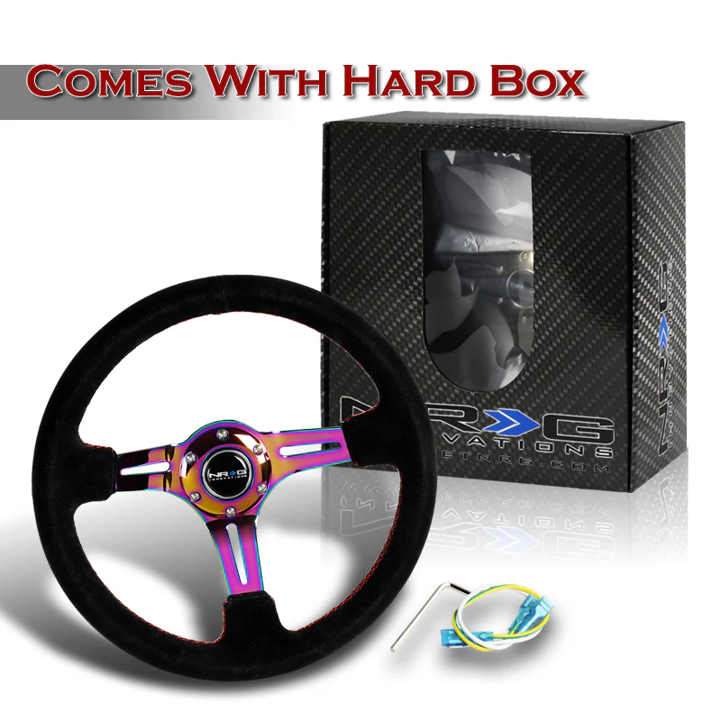 NRG 13.75" 350mm 6-Bolt Hole Black Suede Red Stitch Grip With Aluminum Finished 3-Spoke 3 Inch Deep Dish Steering Wheel RST-018S-MCRS-Neo Chrome Spoke - Image 5
