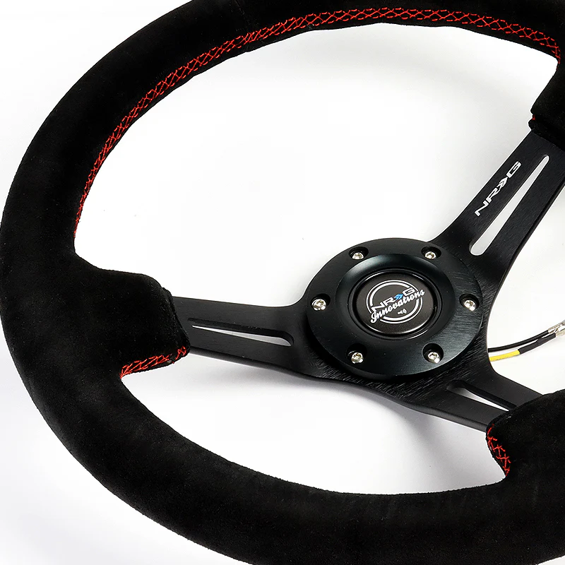 NRG 13.75" 350mm 6-Bolt Hole Black Suede Red Stitch Grip With Aluminum Finished 3-Spoke 3 Inch Deep Dish Steering Wheel RST-018S-RS -Black Spoke - Image 3