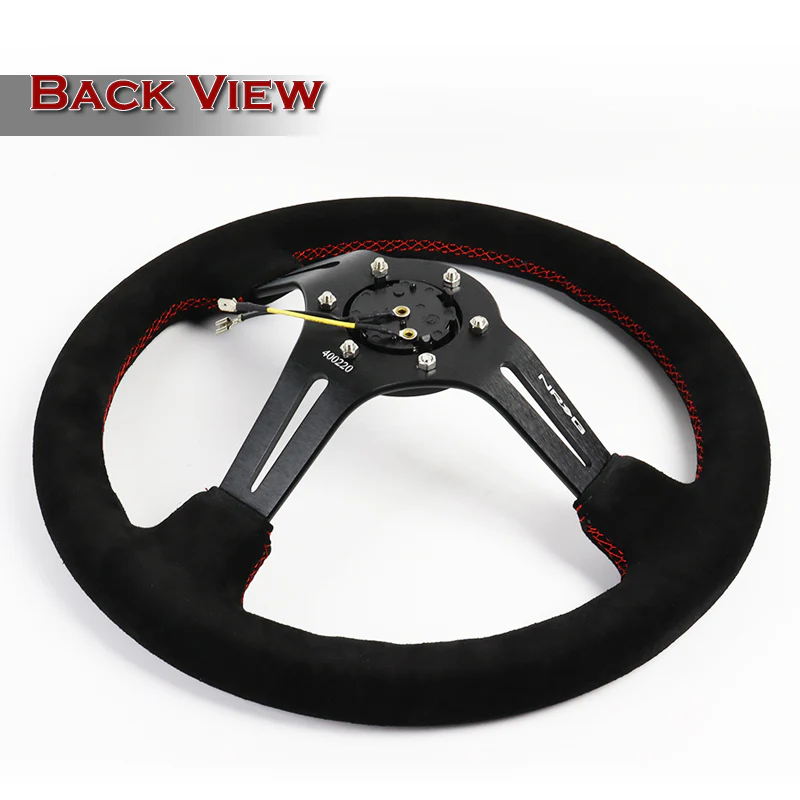 NRG 13.75" 350mm 6-Bolt Hole Black Suede Red Stitch Grip With Aluminum Finished 3-Spoke 3 Inch Deep Dish Steering Wheel RST-018S-RS -Black Spoke - Image 4
