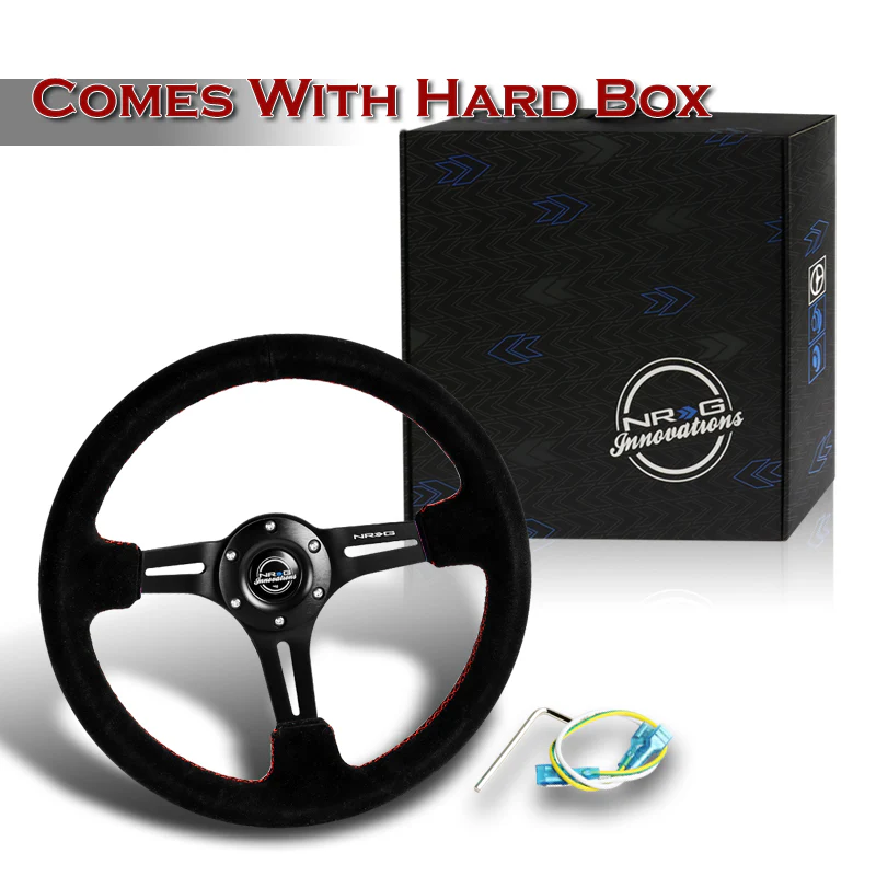 NRG 13.75" 350mm 6-Bolt Hole Black Suede Red Stitch Grip With Aluminum Finished 3-Spoke 3 Inch Deep Dish Steering Wheel RST-018S-RS -Black Spoke - Image 5
