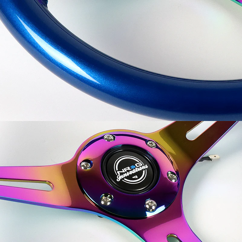 NRG 13.75" 350mm 6-Bolt Hole Blue Classic Wood Grain Grip Aluminum Finished 3-Spoke Steering Wheel ST-015MC-BL -Neo Chrome Spoke - Image 3