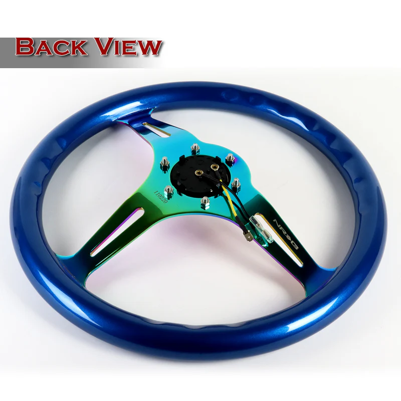 NRG 13.75" 350mm 6-Bolt Hole Blue Classic Wood Grain Grip Aluminum Finished 3-Spoke Steering Wheel ST-015MC-BL -Neo Chrome Spoke - Image 4