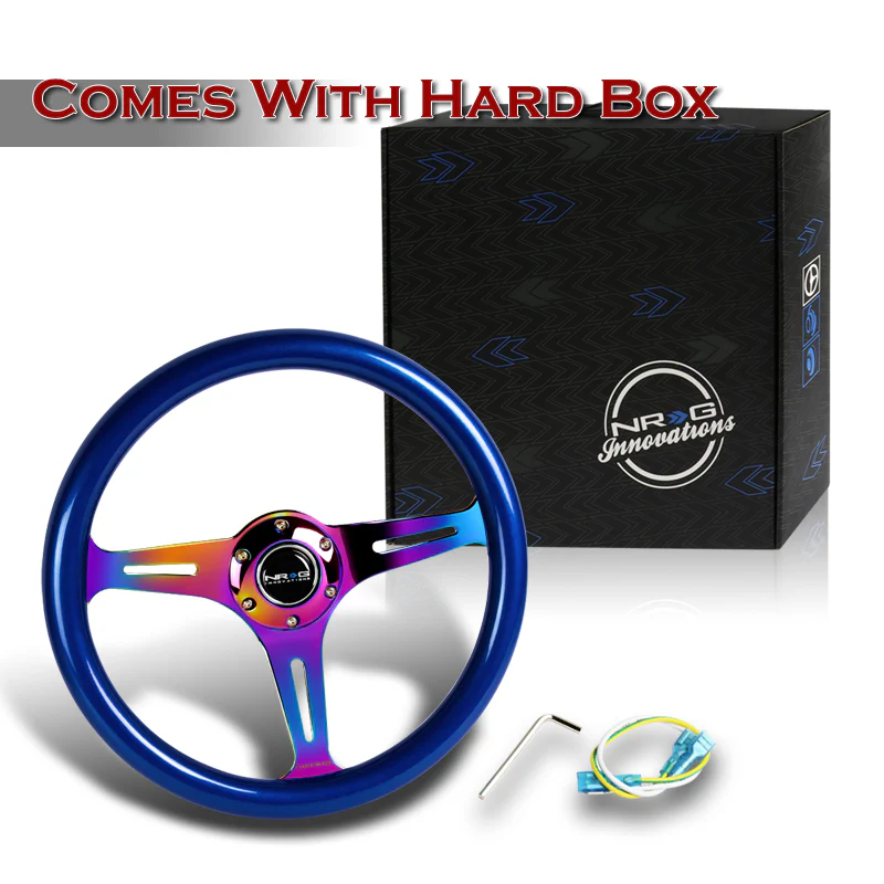 NRG 13.75" 350mm 6-Bolt Hole Blue Classic Wood Grain Grip Aluminum Finished 3-Spoke Steering Wheel ST-015MC-BL -Neo Chrome Spoke - Image 5