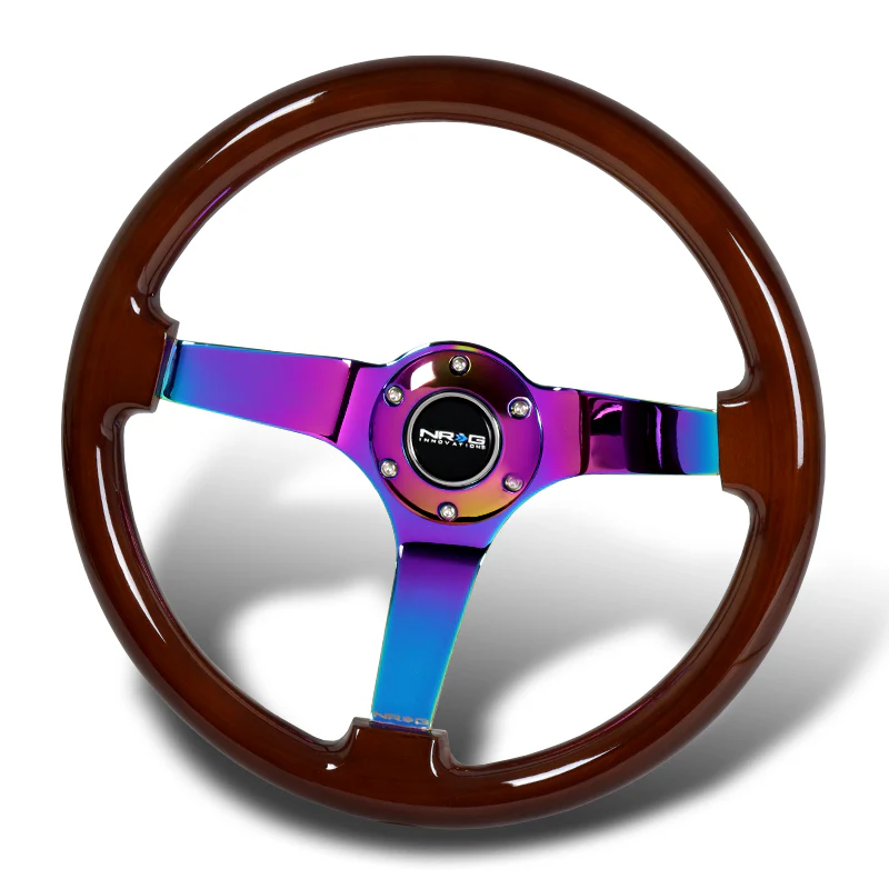 NRG 13.75" 350mm 6-Bolt Hole Brown Wood Grip With Aluminum Finished 3-Spoke 3 Inch Deep Dish Steering Wheel RST-036BR-MC -Neo Chrome Spoke - Image 4