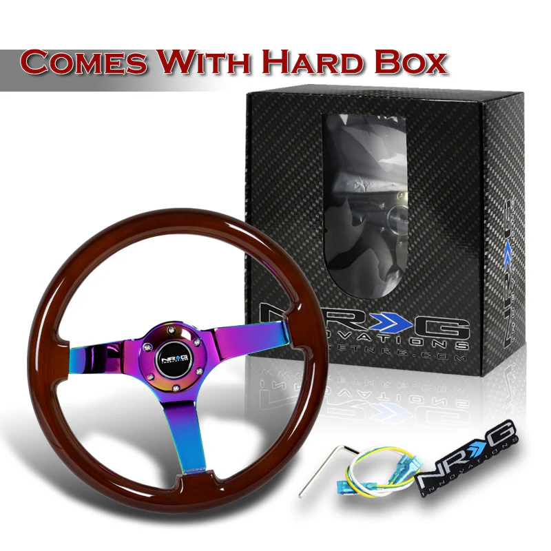 NRG 13.75" 350mm 6-Bolt Hole Brown Wood Grip With Aluminum Finished 3-Spoke 3 Inch Deep Dish Steering Wheel RST-036BR-MC -Neo Chrome Spoke - Image 6