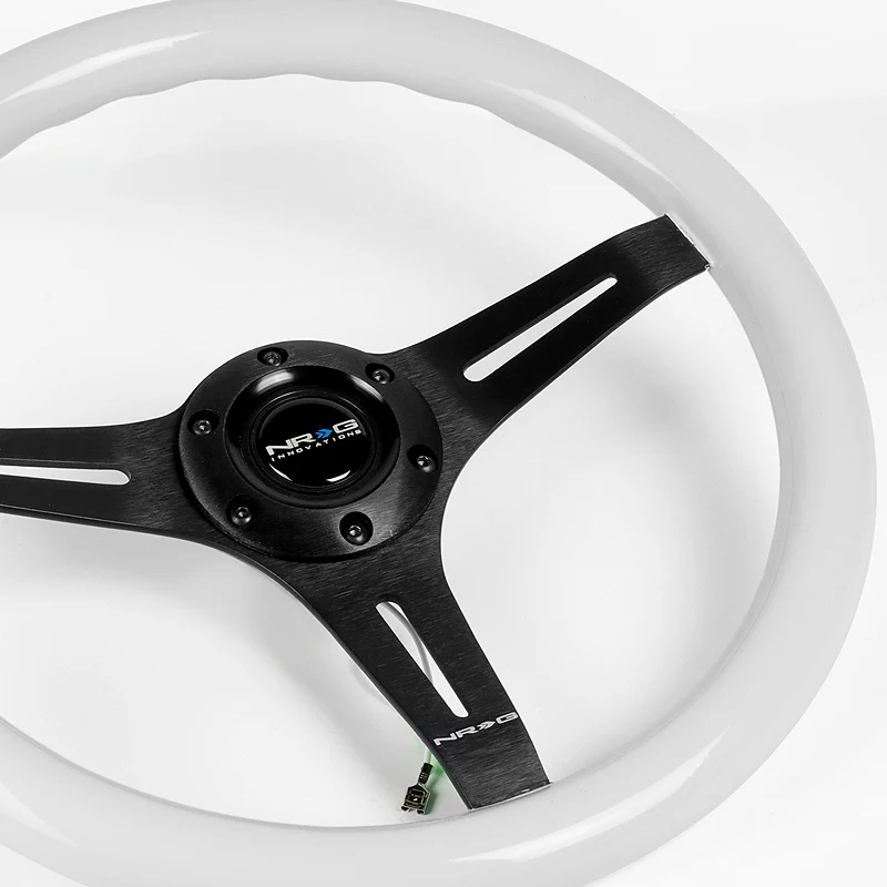NRG 13.75" 350mm 6-Bolt Hole Glow In The Dark Special White Wood Grip Aluminum Finished 3-Spoke Steering Wheel ST-015BK-GL -Black Spoke - Image 4