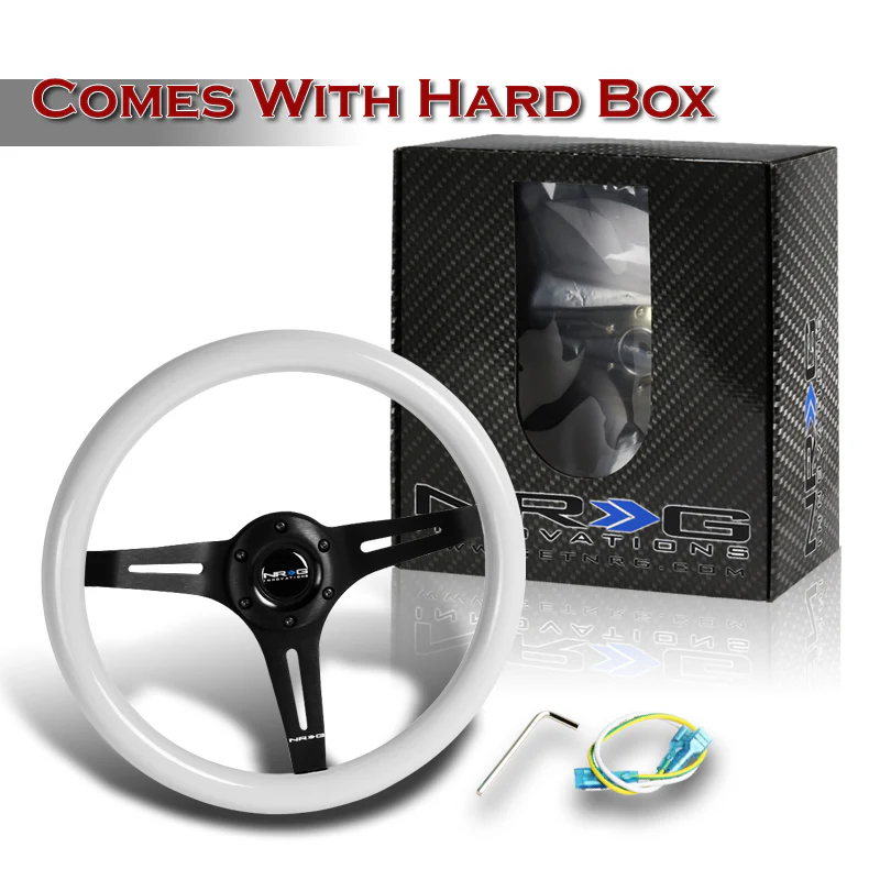 NRG 13.75" 350mm 6-Bolt Hole Glow In The Dark Special White Wood Grip Aluminum Finished 3-Spoke Steering Wheel ST-015BK-GL -Black Spoke - Image 6