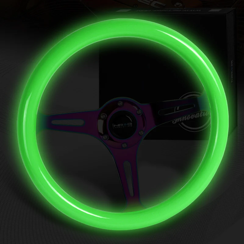 NRG 13.75" 350mm 6-Bolt Hole Glow In The Dark White Wood Grain Grip Aluminum Finished 3-Spoke Steering Wheel ST-015MC-GL -Neo Chrome Spoke - Image 2