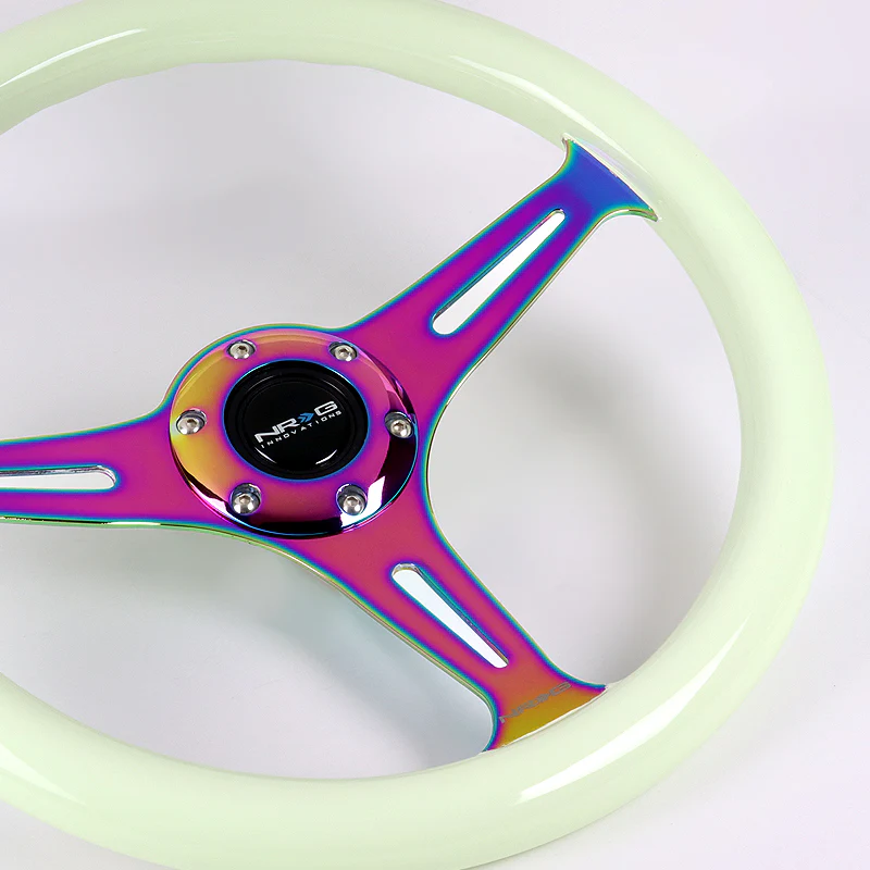 NRG 13.75" 350mm 6-Bolt Hole Glow In The Dark White Wood Grain Grip Aluminum Finished 3-Spoke Steering Wheel ST-015MC-GL -Neo Chrome Spoke - Image 4