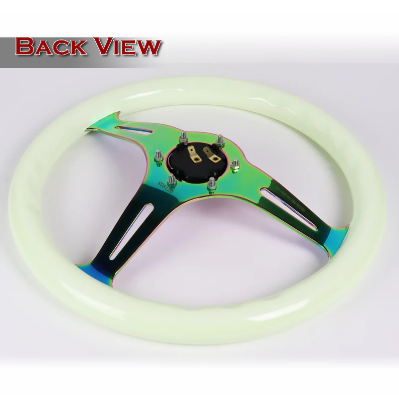 NRG 13.75" 350mm 6-Bolt Hole Glow In The Dark White Wood Grain Grip Aluminum Finished 3-Spoke Steering Wheel ST-015MC-GL -Neo Chrome Spoke - Image 5