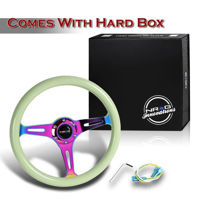 NRG 13.75" 350mm 6-Bolt Hole Glow In The Dark White Wood Grain Grip Aluminum Finished 3-Spoke Steering Wheel ST-015MC-GL -Neo Chrome Spoke - Image 6