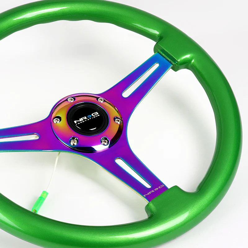 NRG 13.75" 350mm 6-Bolt Hole Green Classic Wood Grain Grip Aluminum Finished 3-Spoke Steering Wheel ST-015MC-GN -Neo Chrome Spoke - Image 3