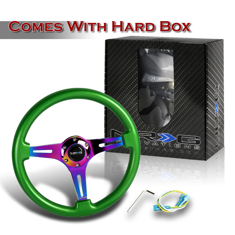 NRG 13.75" 350mm 6-Bolt Hole Green Classic Wood Grain Grip Aluminum Finished 3-Spoke Steering Wheel ST-015MC-GN -Neo Chrome Spoke - Image 5