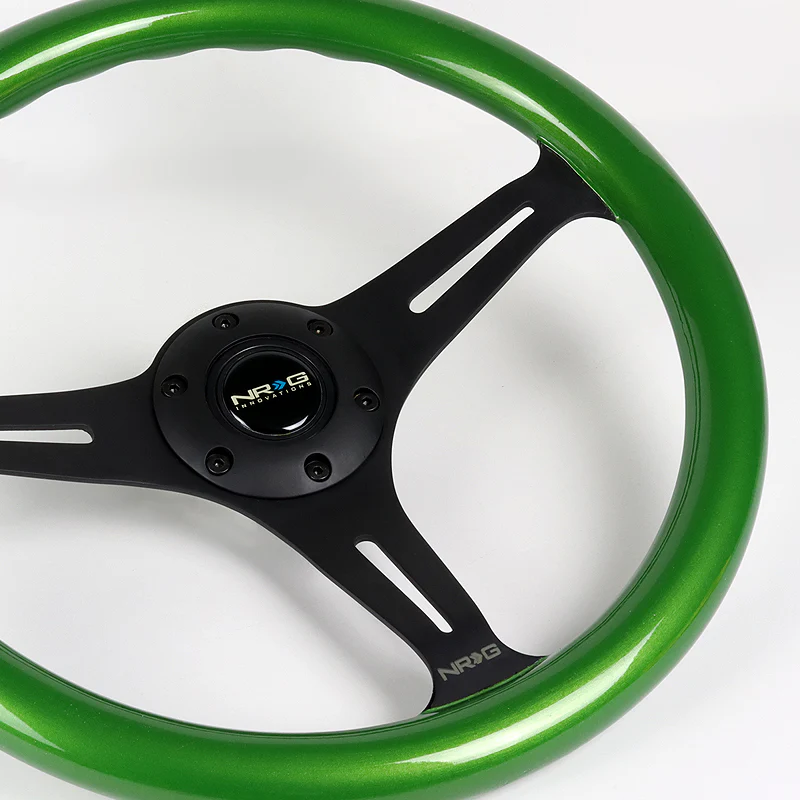 NRG 13.75" 350mm 6-Bolt Hole Green Classic Wood Grip Aluminum Finished 3-Spoke Steering Wheel ST-015BK-GN -Black Spoke - Image 3