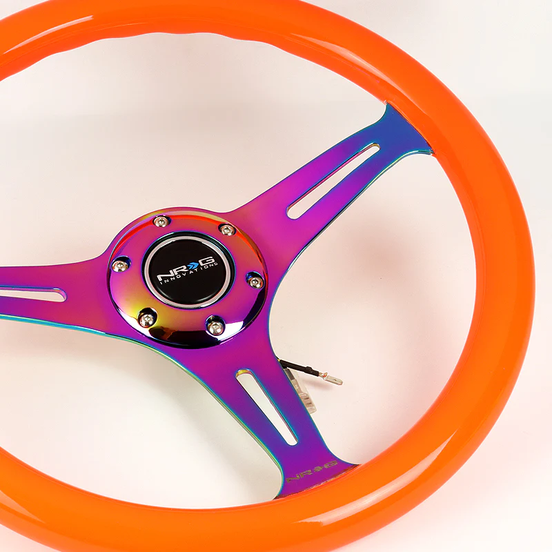 NRG 13.75" 350mm 6-Bolt Hole Orange Classic Wood Grain Grip Aluminum Finished 3-Spoke Steering Wheel ST-015MC-NOR -Neo Chrome Spoke - Image 3