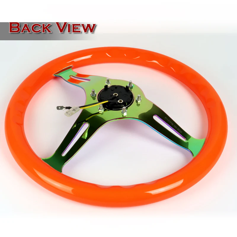 NRG 13.75" 350mm 6-Bolt Hole Orange Classic Wood Grain Grip Aluminum Finished 3-Spoke Steering Wheel ST-015MC-NOR -Neo Chrome Spoke - Image 4