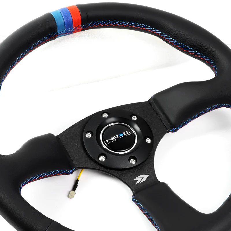 NRG 13.75" 350mm 6-Bolt Hole Premium Black Leather With Blue Red Stitch Grip Aluminum Finished 3-Spoke 3 Inch Deep Dish Steering Wheel RST-023MB-R-M3 -Black Spoke - Image 3