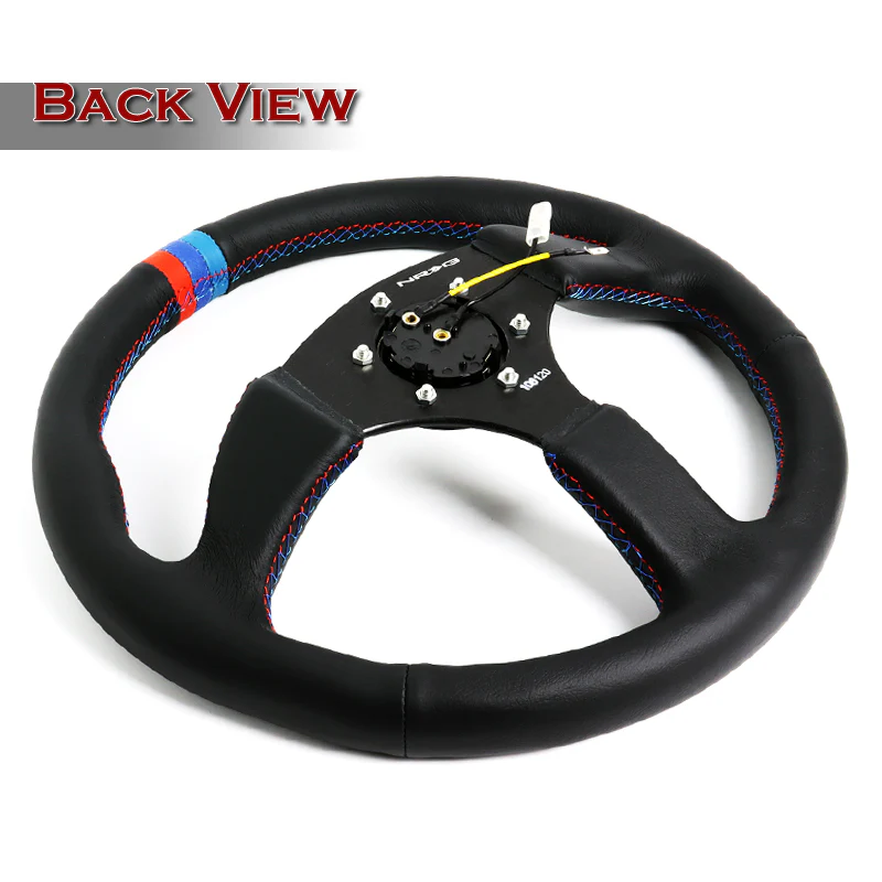 NRG 13.75" 350mm 6-Bolt Hole Premium Black Leather With Blue Red Stitch Grip Aluminum Finished 3-Spoke 3 Inch Deep Dish Steering Wheel RST-023MB-R-M3 -Black Spoke - Image 4