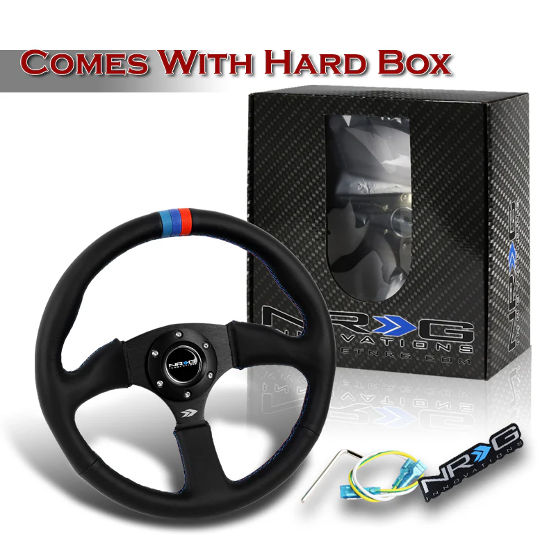 NRG 13.75" 350mm 6-Bolt Hole Premium Black Leather With Blue Red Stitch Grip Aluminum Finished 3-Spoke 3 Inch Deep Dish Steering Wheel RST-023MB-R-M3 -Black Spoke - Image 5