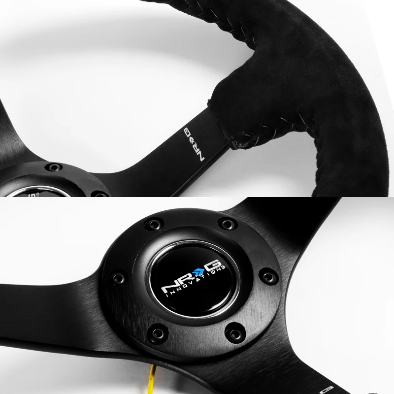 NRG 13.75" 350mm 6-Bolt Hole Premium Black Suede Grip With Aluminum Finished 3-Spoke 3 Inch Deep Dish Racing Steering Wheel RST-036MB-S-BK -Matte Black Spoke - Image 3