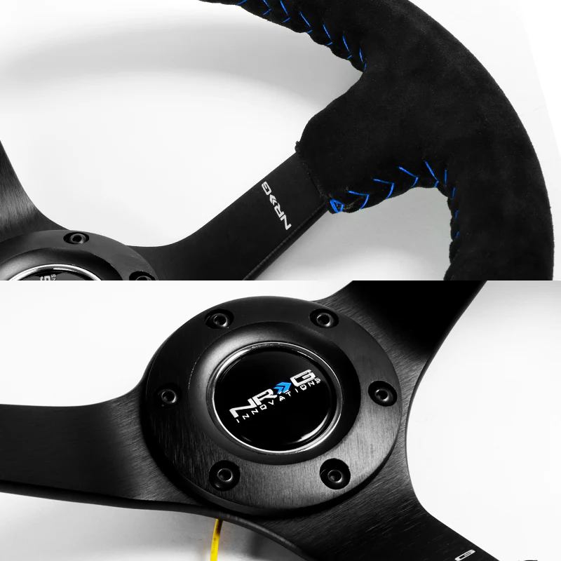 NRG 13.75" 350mm 6-Bolt Hole Premium Black Suede With Blue Stitch Grip Aluminum Finished 3-Spoke 3 Inch Deep Dish Racing Steering Wheel RST-036MB-S-BL -Matte Black Spoke - Image 3