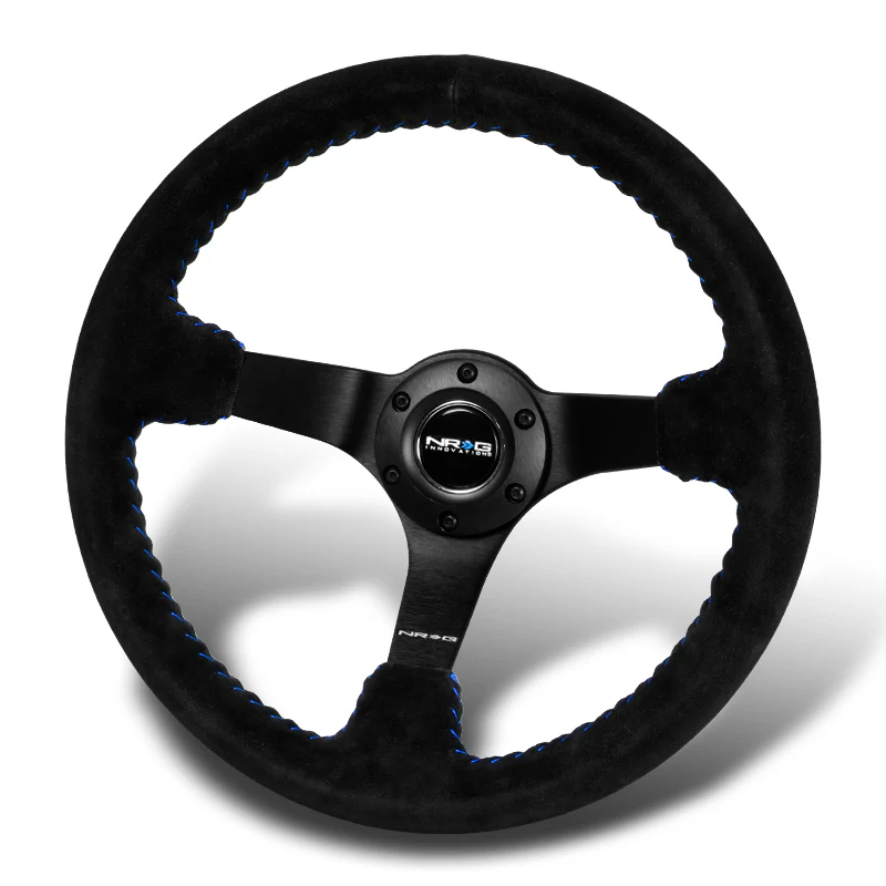 NRG 13.75" 350mm 6-Bolt Hole Premium Black Suede With Blue Stitch Grip Aluminum Finished 3-Spoke 3 Inch Deep Dish Racing Steering Wheel RST-036MB-S-BL -Matte Black Spoke - Image 4