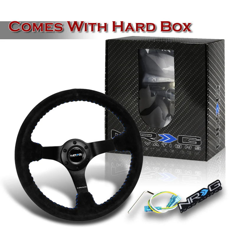 NRG 13.75" 350mm 6-Bolt Hole Premium Black Suede With Blue Stitch Grip Aluminum Finished 3-Spoke 3 Inch Deep Dish Racing Steering Wheel RST-036MB-S-BL -Matte Black Spoke - Image 6