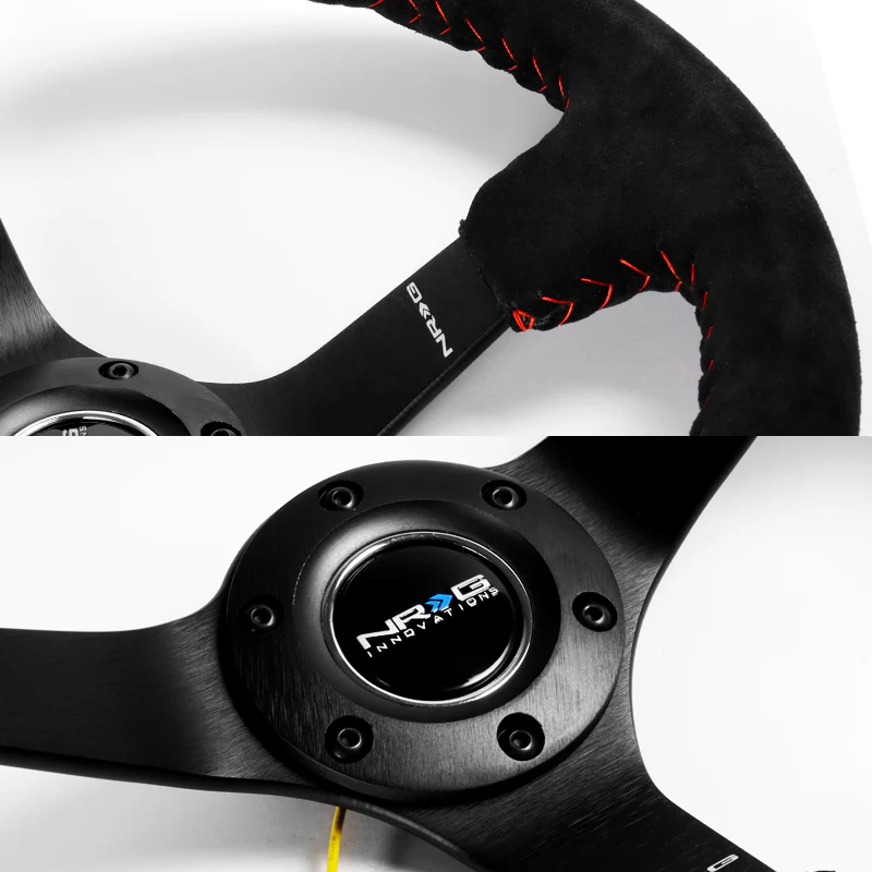 NRG 13.75" 350mm 6-Bolt Hole Premium Black Suede With Red Stitch Grip Aluminum Finished 3-Spoke 3 Inch Deep Dish Racing Steering Wheel RST-036MB-S-RD -Matte Black Spoke - Image 3